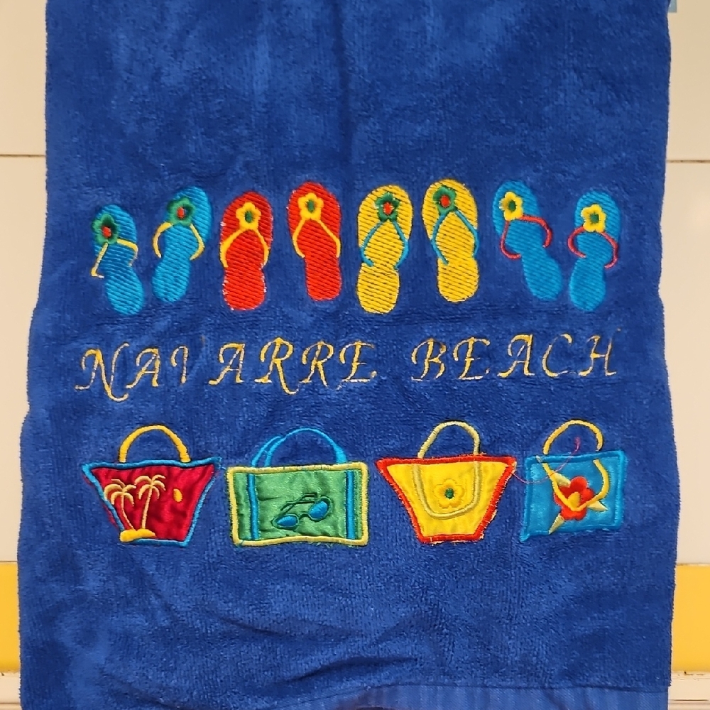 Blue Beach Towel with Embroidered Flip-Flops and Bags